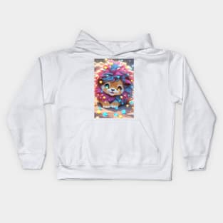 Cute Kawaii lion with gems and heart Kids Hoodie